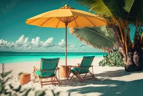 Beach with chairs and umbrella on the sandy beach near the palm. Summer holiday and vacation tourist concept.