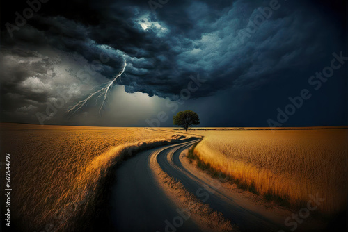 path in yellow wheat field with lonely tree and dramatic dark stormy clouds. generative ai