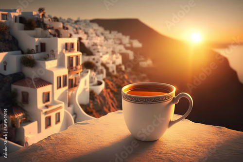 Cup of delicious coffee on blurred background of Santorini, Greece and fantastic seascape. Romantic evening view. Based on Generative AI