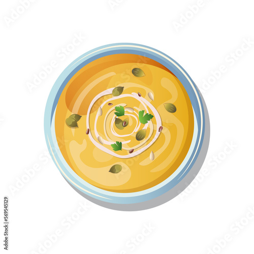 Asian food. Food vector illustration. Pumpkin cream soup. Diet food. Pumpkin dishes for vegans. Soup menu.