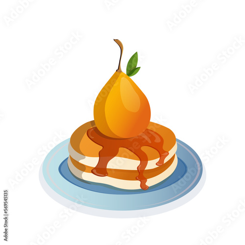 American pancakes. Pancakes with maple syrup and pear. Food vector. Traditional dessert. Baking vector. Pear dessert. Food icon.