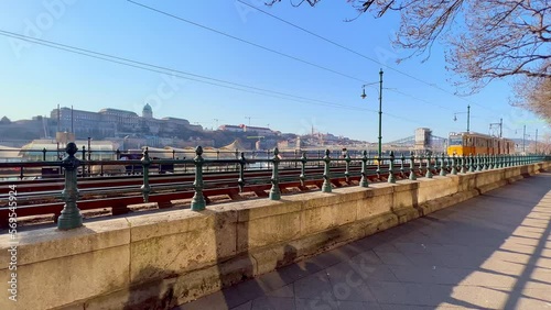 The tram on Jane Haining embankment, Budapest, Hungary photo