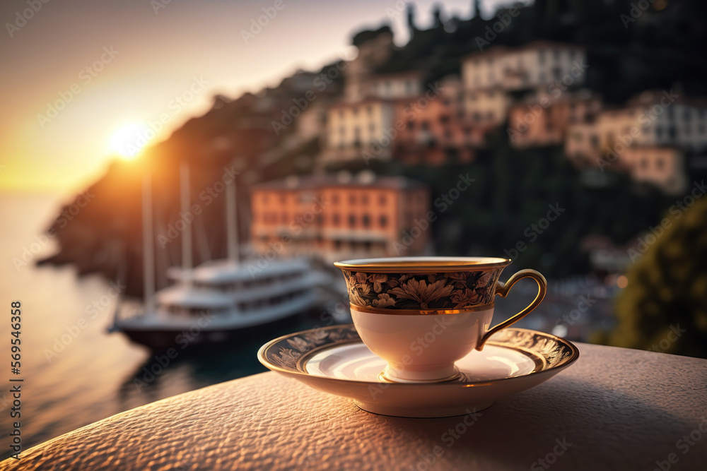 Cup of delicious coffee on blurred background of Portofino, Italy. Romantic evening view. Based on Generative AI