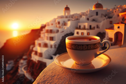 Cup of delicious coffee on blurred background of Santorini, Greece and fantastic seascape. Romantic evening view. Based on Generative AI