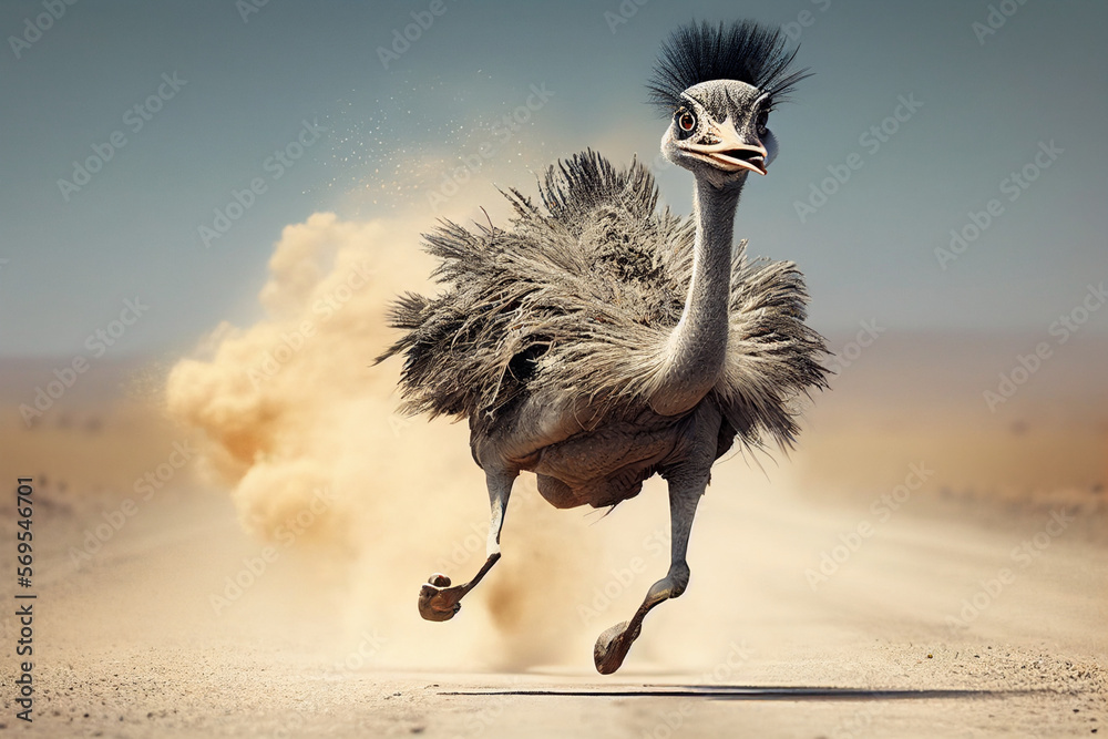 portrait of a running ostrich generated by AI - obrazy, fototapety, plakaty 