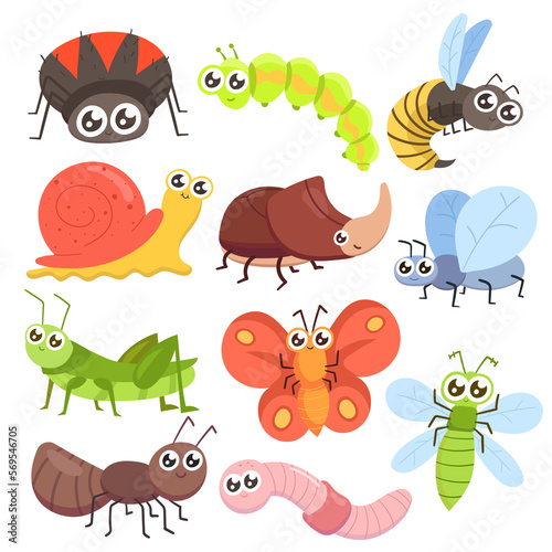 Cartoon insects. Fly bug, cute butterfly and beetle. Funny garden animals. Ant bumblebee and spider ladybug for children illustration