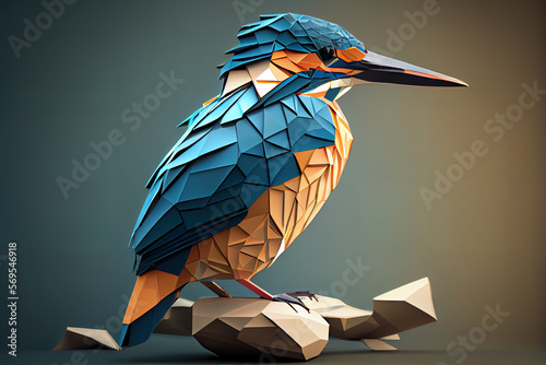 colorful 3d render of a low poly crystal king fisher ,ai generated  photo