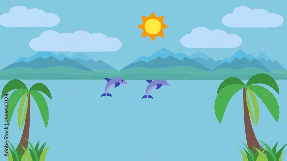 Sea and mountain view illustration , cute  Dolphin jump on the sea