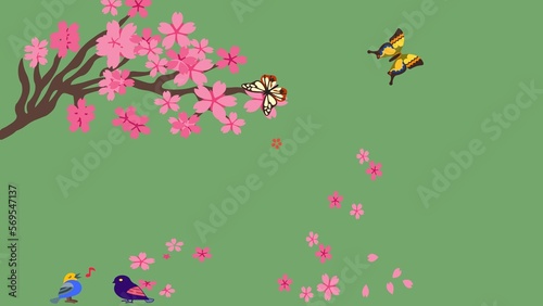 Illustration of Sakura flowers with bird and butterfly