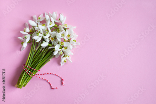 A bouquet of spring snowdrop flowers on a pink background, copy space for the greeting holiday of March 1, Martisor, Baba Marta, Womens day March 8.