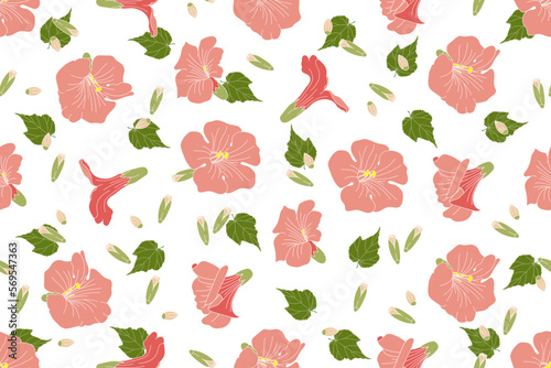 Illustration of Chinese trumpet vine flower with leaves background.