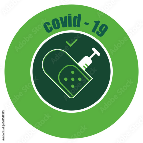 Sticker covid-19 green color heart made from protective patch and vaccine syringe. Vaccination Notice. A safe carrier of immunity. Vector illustration. EPS-10.