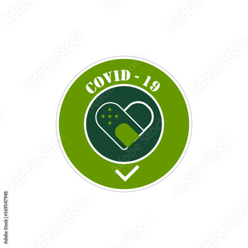 Sticker covid-19 green color heart from a protective patch. Vaccination Notice. A safe carrier of immunity. Vector illustration. EPS-10.