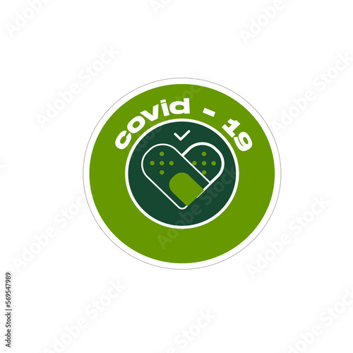 Sticker covid-19 green color heart from a protective patch. Vaccination Notice. A safe carrier of immunity. Vector illustration. EPS-10.