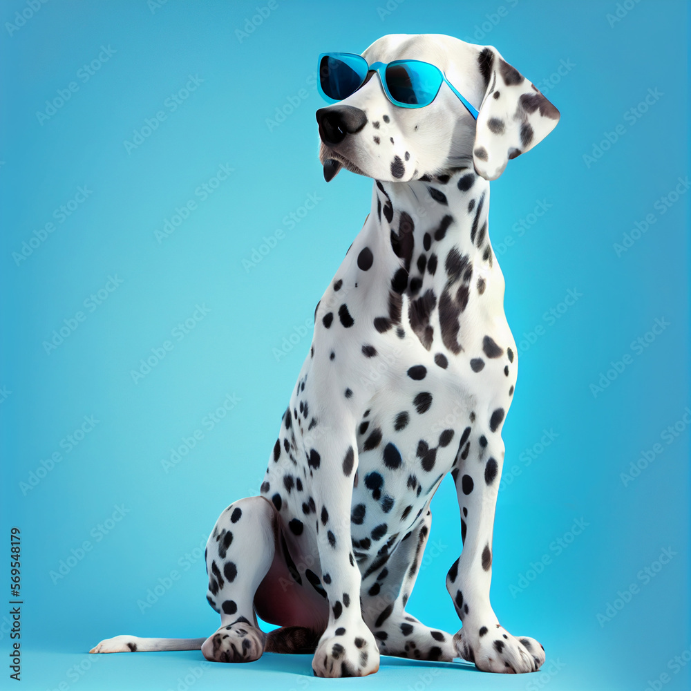 dalmatian in sunglasses isolated on blue background dalmatian in sunglasses isolated on blue background