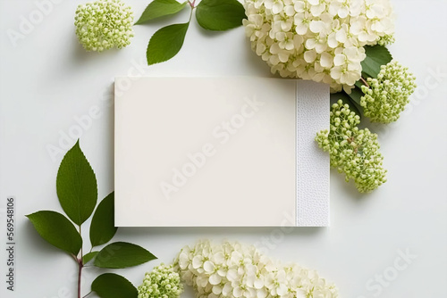 wedding Invitation card empty white mockup with hydrangea and gypsophila flower decorations. Generative AI