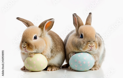 Cute Easter bunnies with eggs. Generative AI 