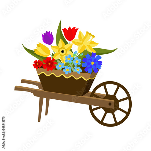 Vector - wheelbarrow with spring flowers.