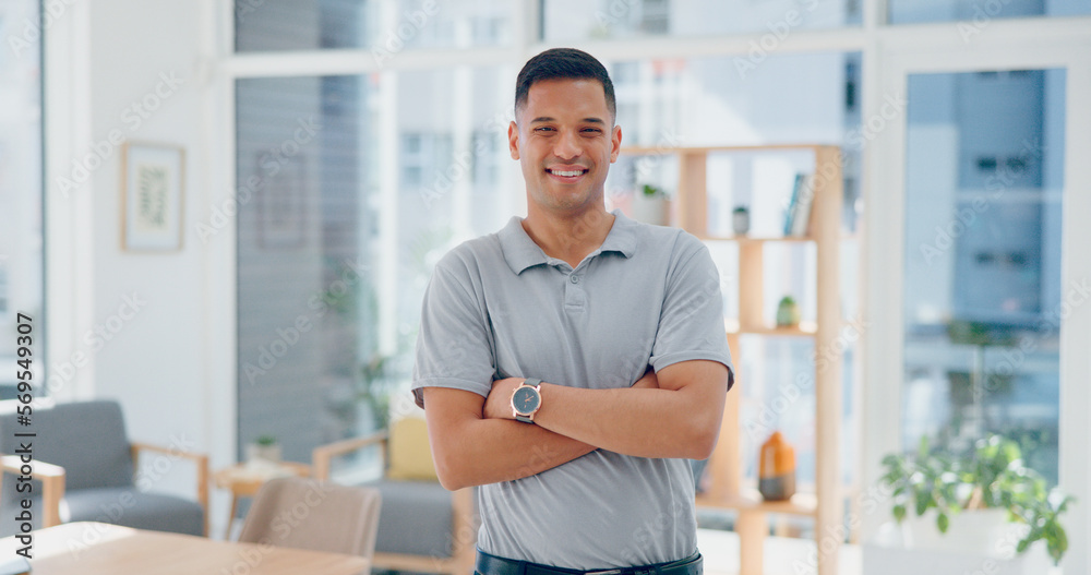 Fototapeta premium Businessman, ceo and corporate worker with success and face in Los Angeles office, executive and entrepreneur. Smile, workplace and career satisfaction, professional portrait and leadership vision.