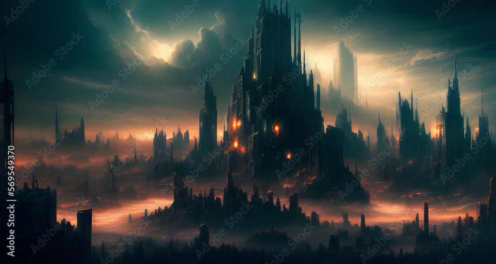 Fototapeta premium AI Digital Illustration Post Apocalyptic Cityscape
