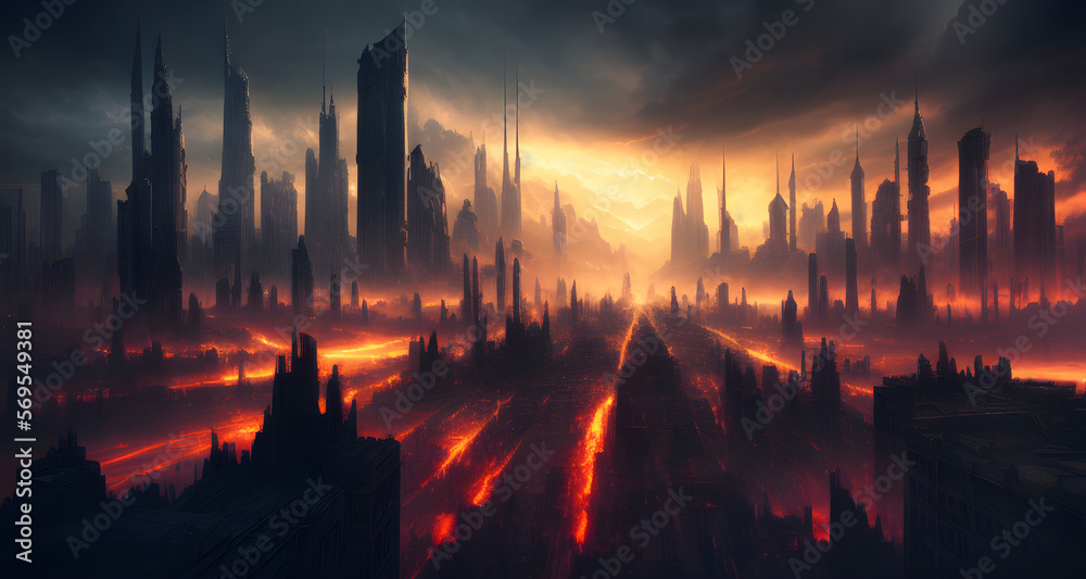 Naklejka premium AI Digital Illustration Post Apocalyptic Cityscape