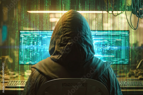 Anonymous hacker with hood and mask inside of data center. Postproducted generative AI digital illustration.