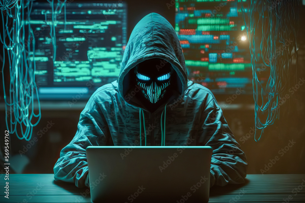 Anonymous hacker with hood and mask inside of data center. Postproducted generative AI digital illustration. Anonymous hacker with hood and mask inside of data center. Postproducted generative AI digital illustration.