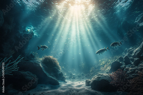 Deep underwater in rays of light, beautiful underwater, generated ai