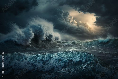 Storm over the ocean with big waves in a dark style, raging ocean, generated ai