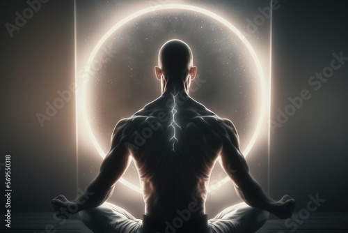 A meditating man in yoga pose facing the absolute consciousness.Generative AI
