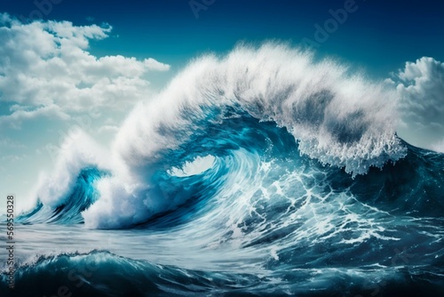 Big ocean clear blue surfer wave tube closeup. Generative AI © Scrudje