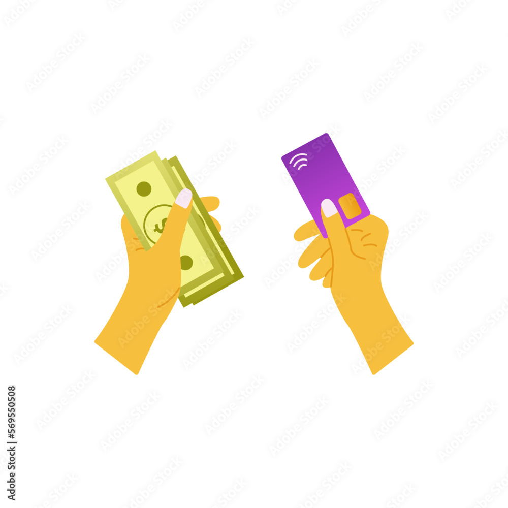 In human hands, cash and bank card. Choice of payment method and storage of savings. Colorful vector isolated hand drawn illustration. Allocation of finances, currency usd In human hands, cash and bank card. Choice of payment method and storage of savings. Colorful vector isolated hand drawn illustration. Allocation of finances, currency usd