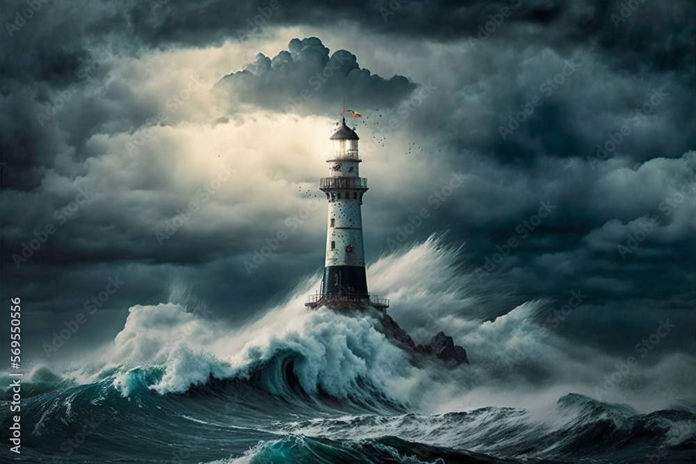 Lighthouse in the sea storm with big waves. Generative AI Lighthouse in the sea storm with big waves. Generative AI