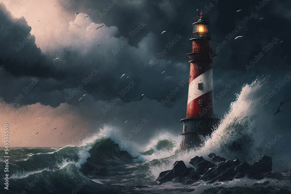 Lighthouse in the sea storm with big waves. Generative AI