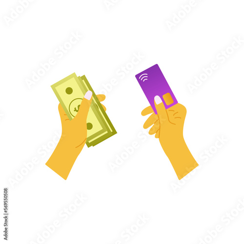 In human hands, cash and bank card. Choice of payment method and storage of savings. Colorful vector isolated hand drawn illustration. Allocation of finances, currency usd