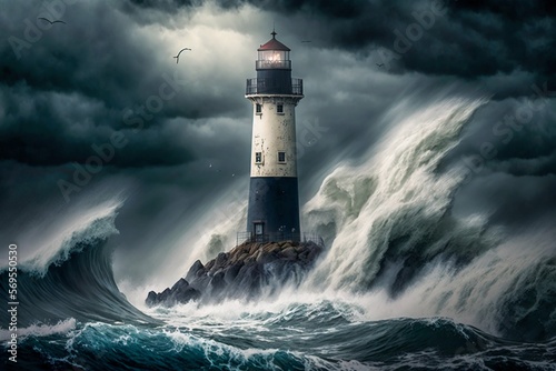 Lighthouse in the sea storm with big waves. Generative AI © Scrudje