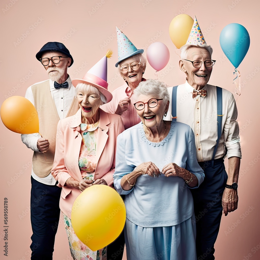 Crazy birthday party for older people, grandparents. Pensioners with