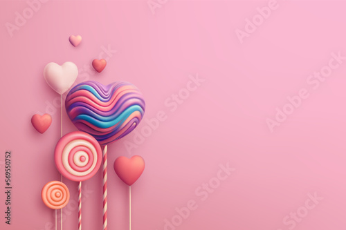 Happy Valentines Day greeting with candy, sweets, heart shaped lollipops. 3d realistic scene. Web Site Design, Landing Page. Vector illustration