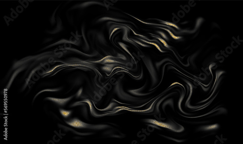 Black Gold Wave Silk Draped Fabric. Luxury Abstract Background. Black and Gold Fluid Flow. Vector Illustration.