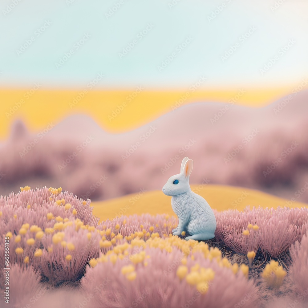 Obraz premium Fresh spring, Easter, animal concept of a little white rabbit on a meadow in fresh field flowers. Pastel holiday landscape. Illustration. Generative AI.
