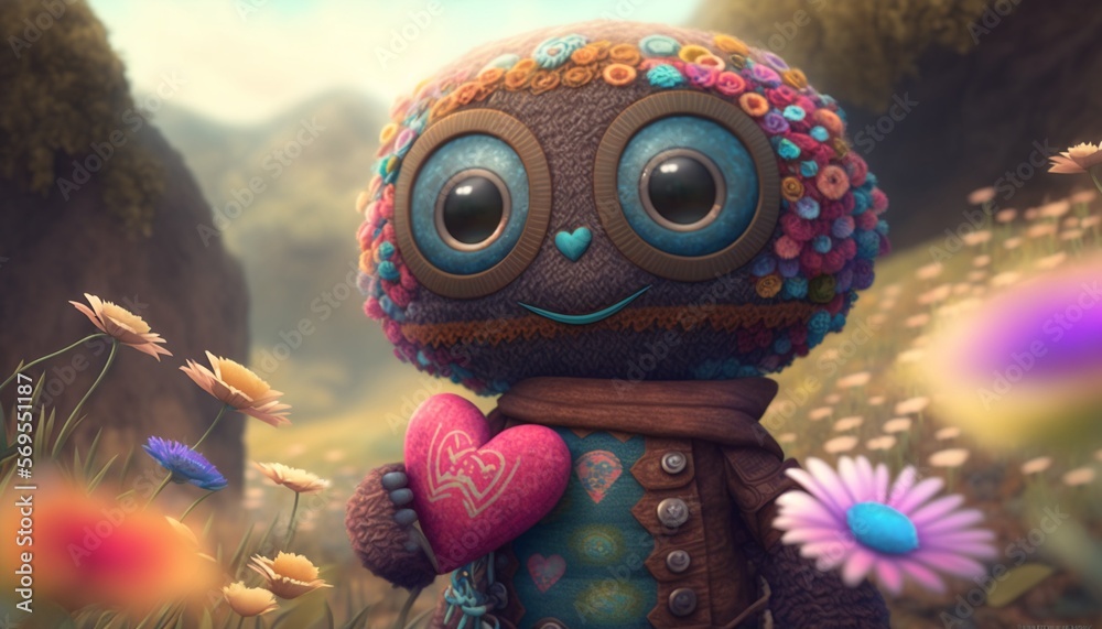 Valentine 's adorable robot wit big eyes and winter clothes. IA generative