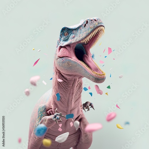 Illustrated dinosaur party concept, small cute dinosaur with birthday cap having fun, confetti and balloons on pastel background. Party animal. Illustration, Generative AI. © Uncanny Valley