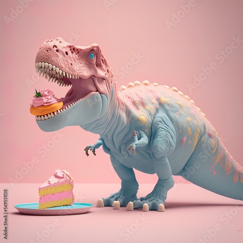 Illustrated dinosaur party concept, small cute dinosaur with birthday cake having fun, confetti and balloons on pastel background. Party animal. Illustration, Generative AI. © Uncanny Valley