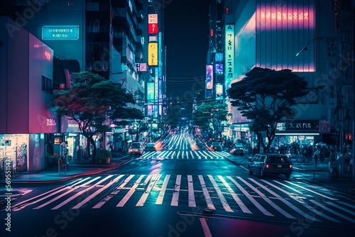 Neon night city Shibuya crossing in Tokyo. Generative AI photo