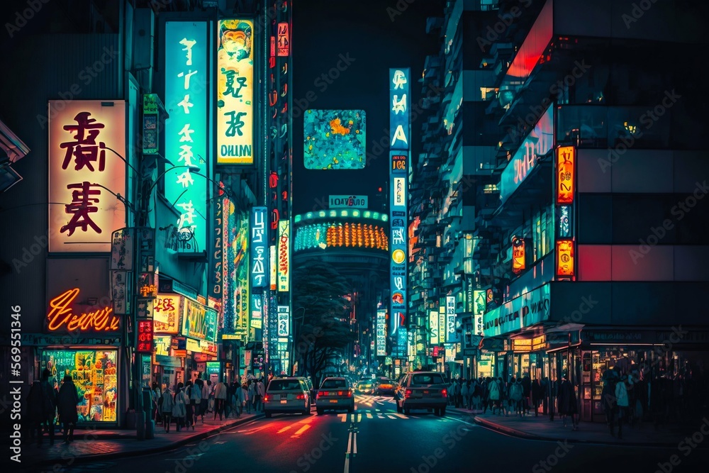 Neon night city street in Tokyo. Generative AI