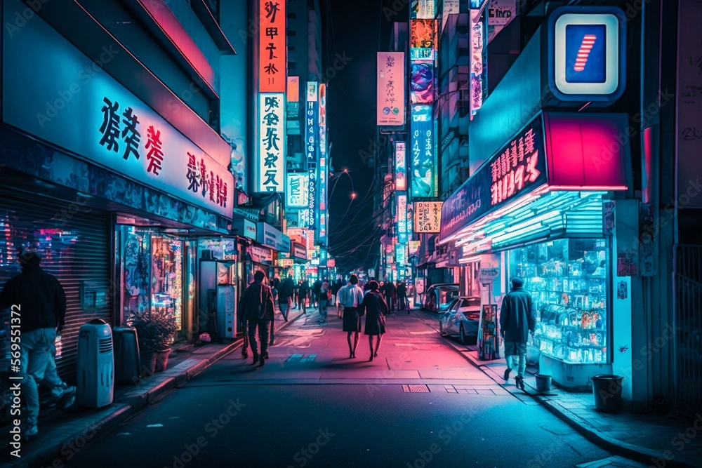 Obraz premium Neon night city street in Tokyo. Generative AI