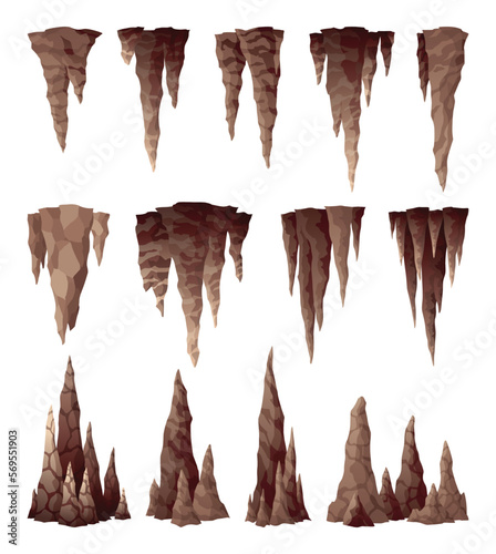 Stalactite stalagmite. Icicle shaped hanging and upward growing mineral formations in cave. Nature brown limestones, material stone icon. Natural growth geology formations