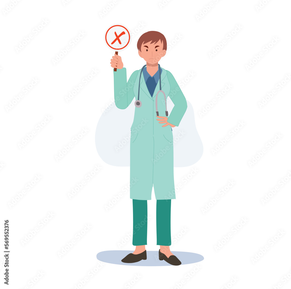 A female doctor in a medical uniform. woman doctor holding red false mark sign . Flat vector illustration A female doctor in a medical uniform. woman doctor holding red false mark sign . Flat vector illustration