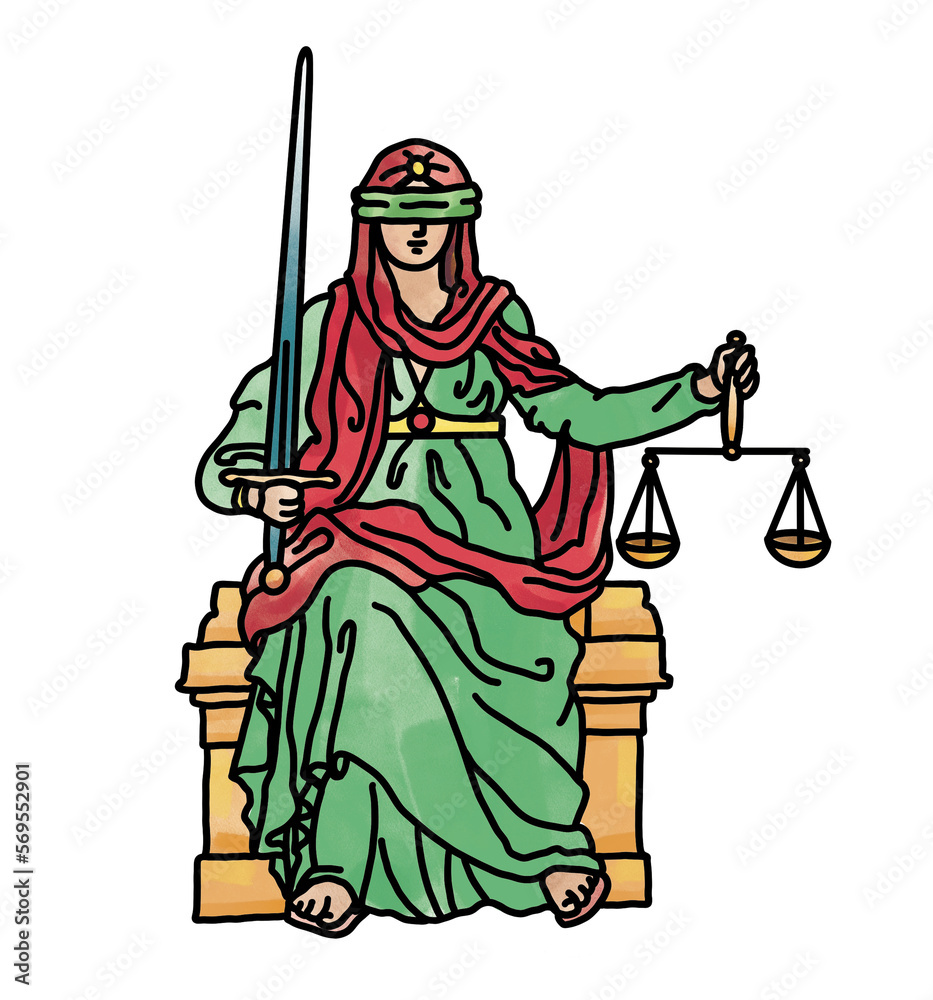 Themis drawing hand colored green, lady Justice or Justitia with scale