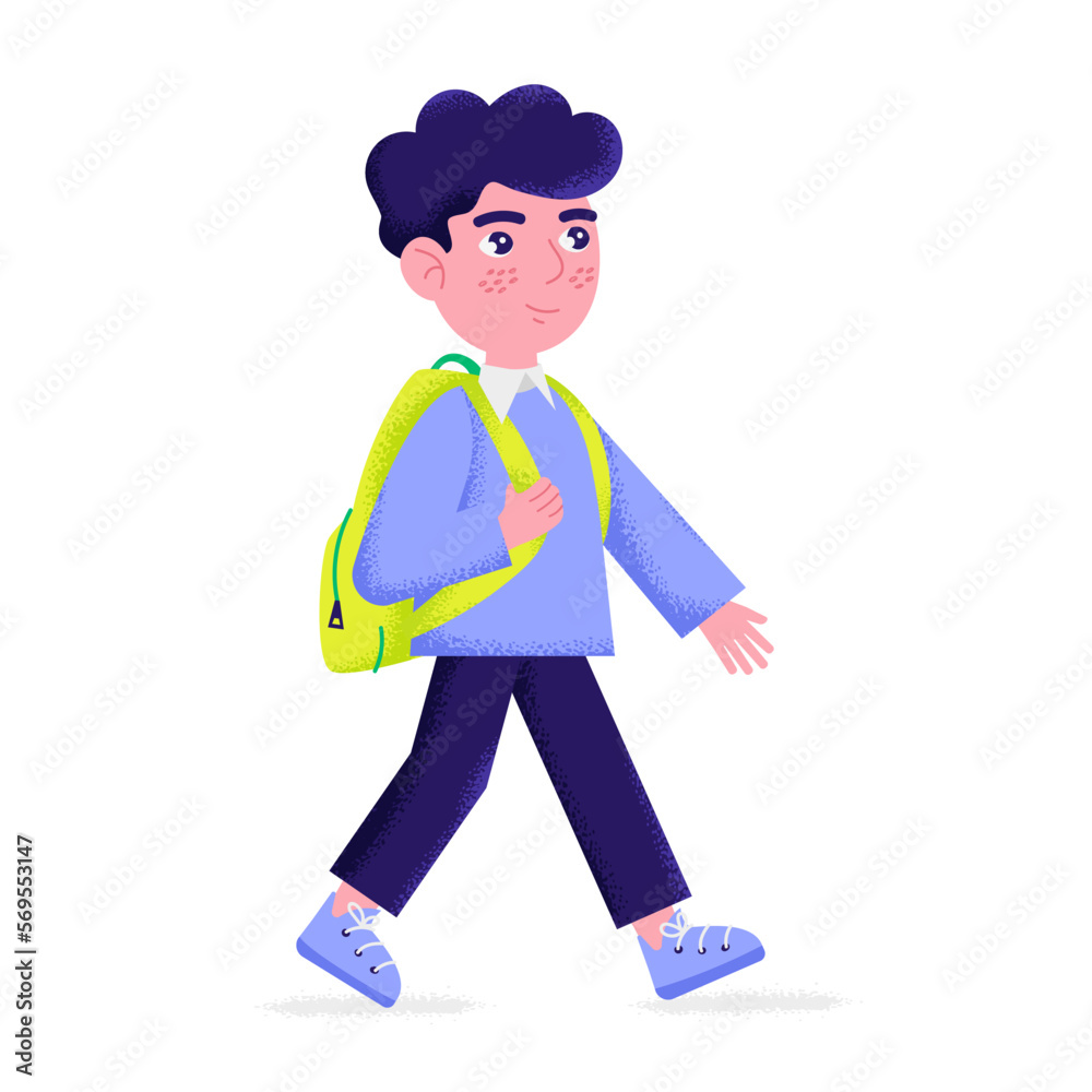 A schoolboy goes with a backpack to school. Vector illustration on a white background.
